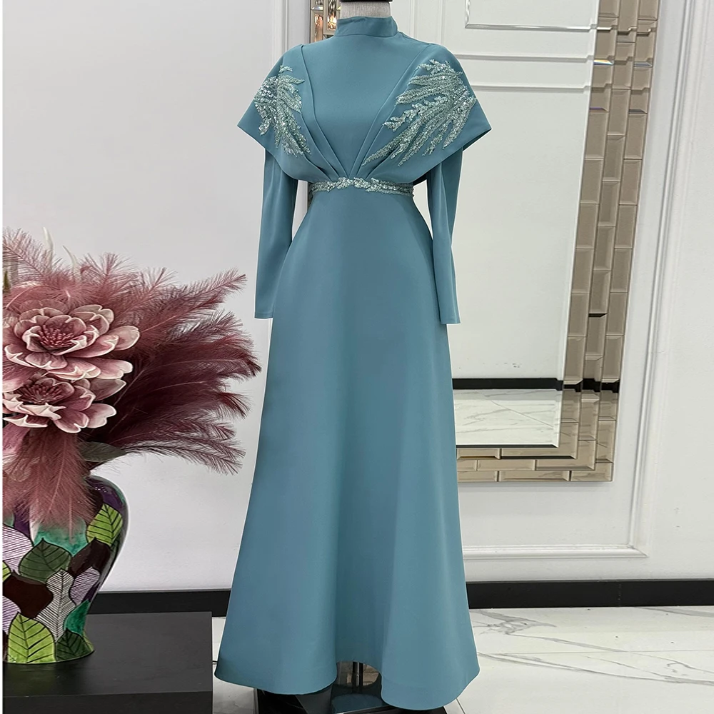 

Customized A-line Evening Dresses Floor-length High-neck Full Sleeve Prom Gown Fashion Sequined Pleat Simple Draped Party Gown