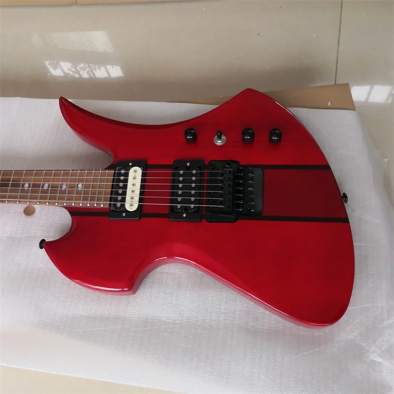 Classic Electric Guitar with Full-body Connection, Double Shake, 6 String Transparent Red Light Paint, Can be Customized