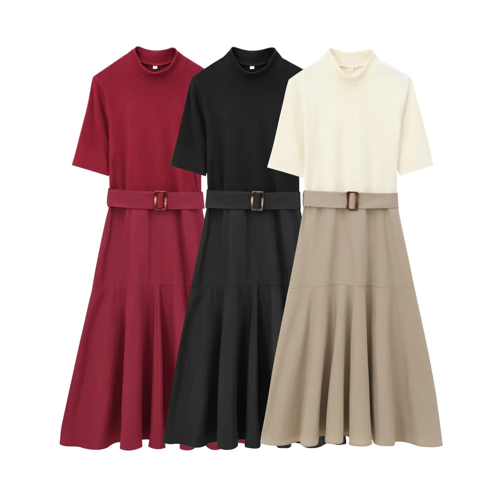 Summer Retro Fashion Elegant Women's Splicing Dress Belt Sleeveless Drape Mujer Vestidos Round Neck Zipper Long Fashion Dress