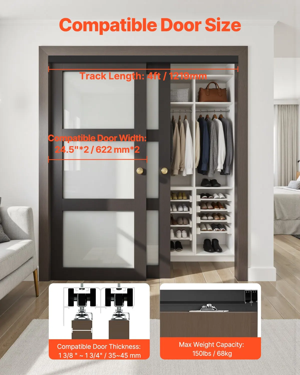 

Bypass Door Hardware, 4ft Heavy Duty Bypass Sliding Door Hardware Kit, Aluminum Alloy Sliding Closet Door Hardware Set With