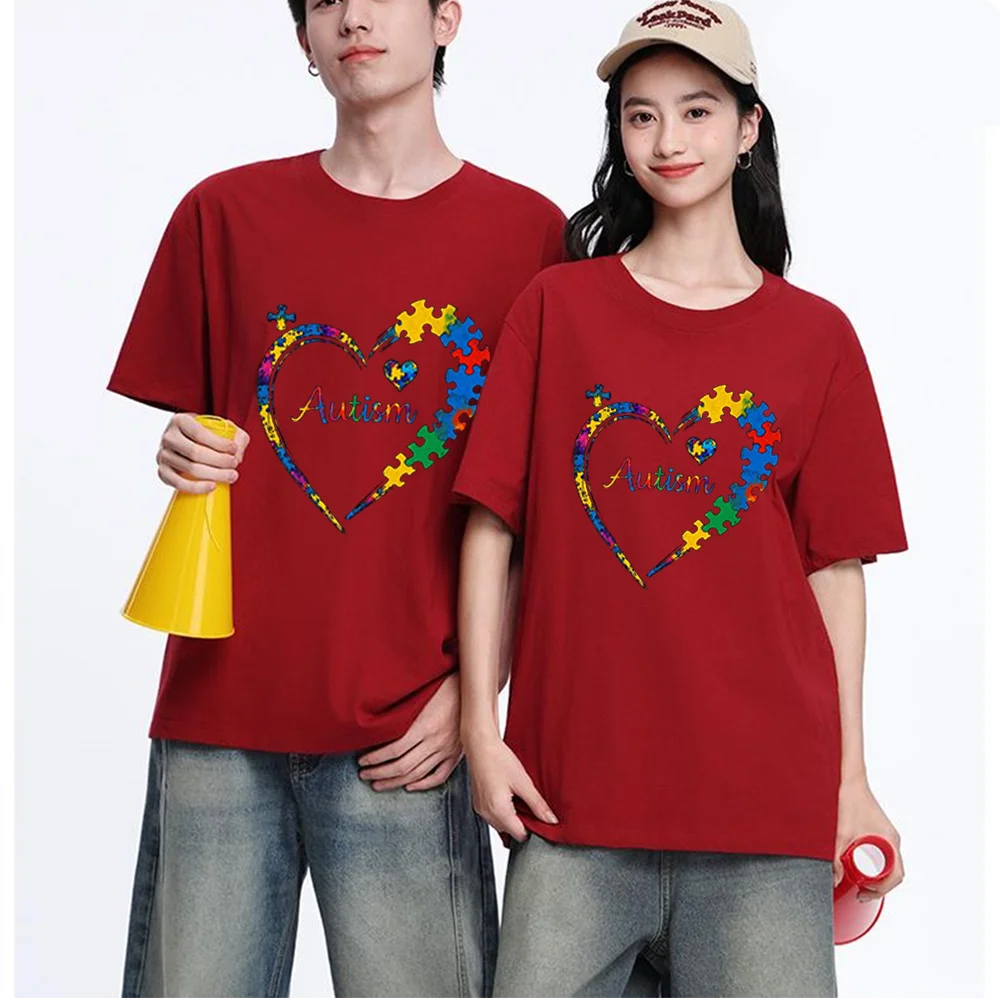 Autism Puzzle Heart Printed T Shirt Breathable Fabric S-3XL Personalized Custom Casual Short Sleeve Tee Unisex Fit Aesthetic Gra