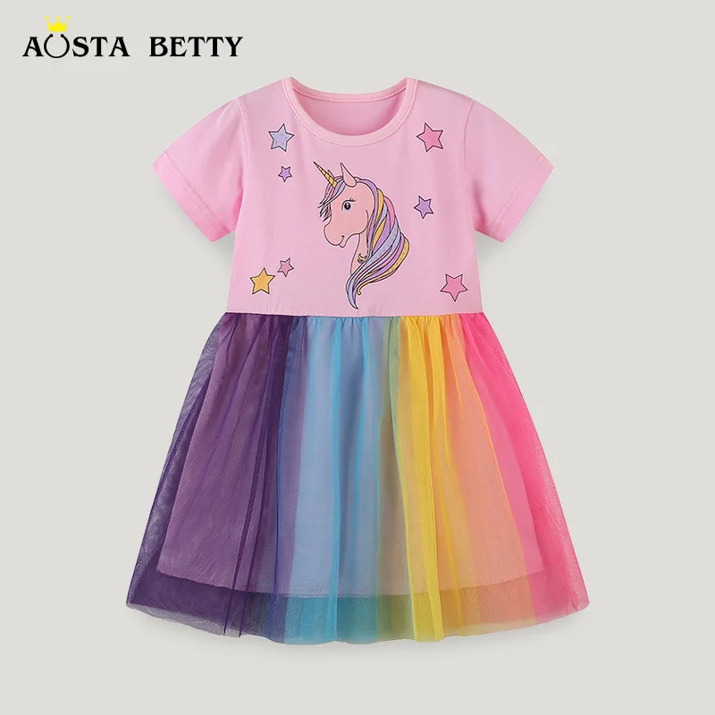 

2024Summer New Style Girls' Dress Cartoon Unicorn Printed Short Sleeve Children Shirt Mesh Princess DressAosd