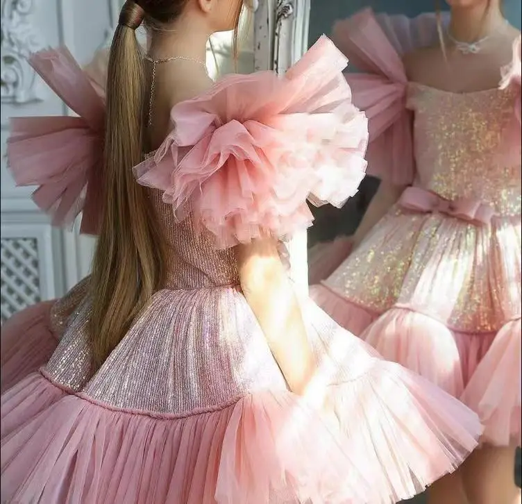 

Girls Casual Dresses Children Clothing Pink Princess Girls Birthday Banquet Fluffy Skirt Bows Mesh Yarn Noble Elegant