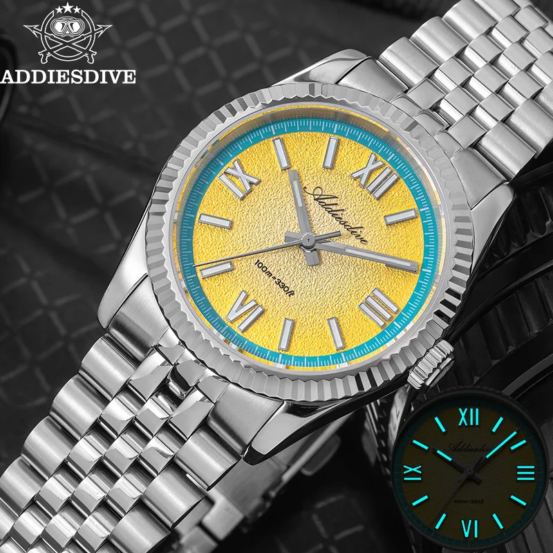 

ADDIESDIVE Sapphire Quartz Watches 36mm Lemon Yellow Dial WristWatch Stainless VH31 BGW9 Luminous Waterproof Men's Watch AD2535