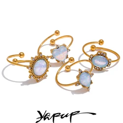 Yhpup Fashion Stainless Steel Artificial False Opal Heart Geometric Adjustable Ring for Women Gold Color Chic Zircon Jewelry