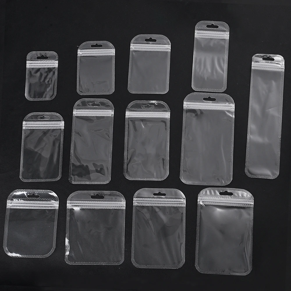 50pcs Multi-size Clear OPP Self‑Seal Bags Transparent Zip Lock Pouches With Hang Hole for Jewelry Small Accessories Packaging