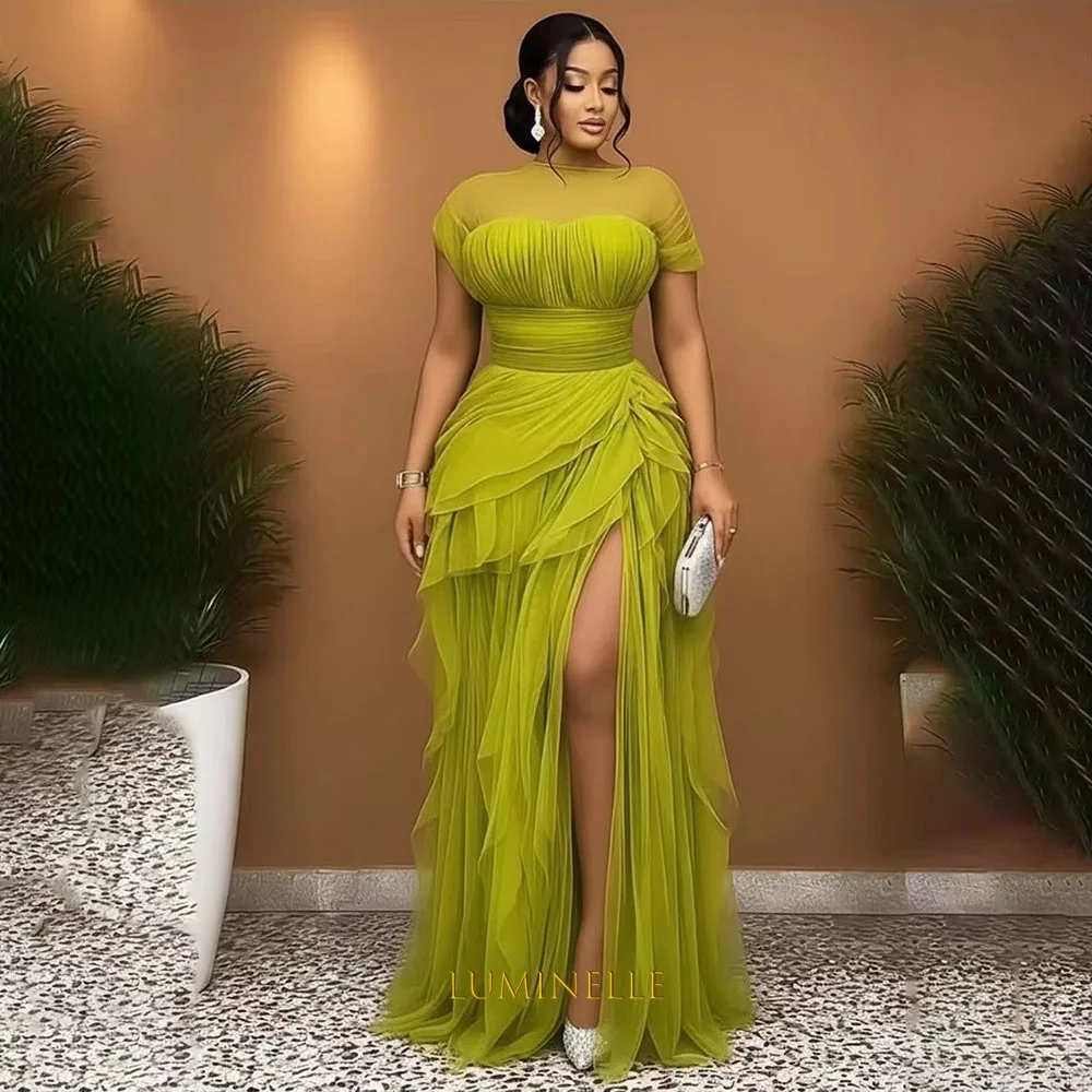 O-Neck Chiffon Evening Dresses With Ruffles Waves Side Slit Wedding Guest Dress For Wedding 2026 A-Line Formal Gowns Customized