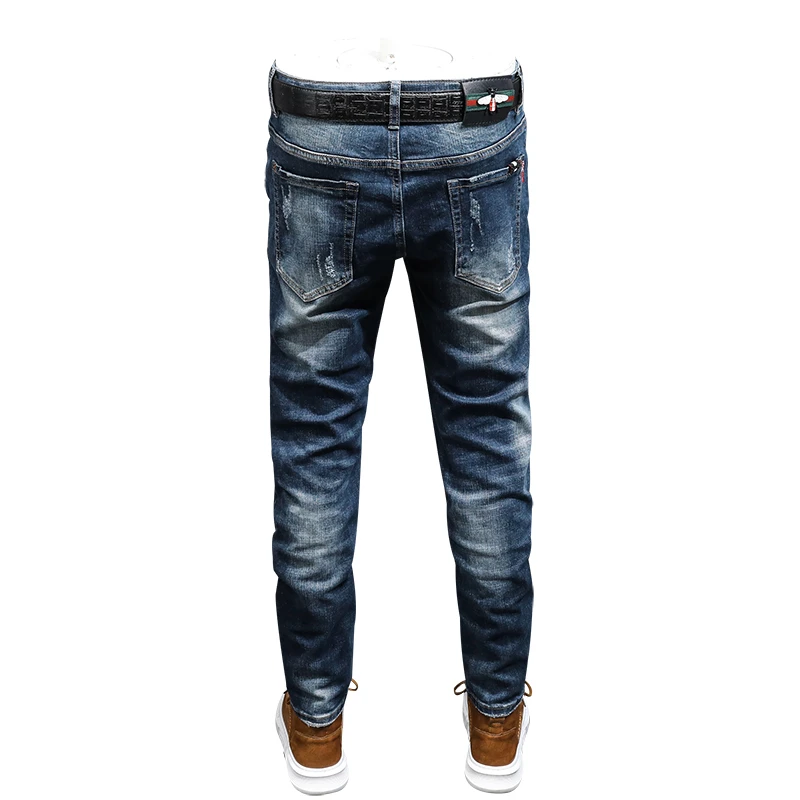 

JXN833 Simple high-end blue broken hole washed white embroidery stretch jeans men tide Slim thin
