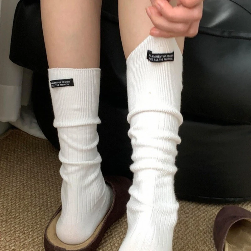 

Trendy Casual Socks Korean Calf Socks Women Letter Labels Solid Color Soft Breathable Cotton Fashion Simple Knee High Stockings