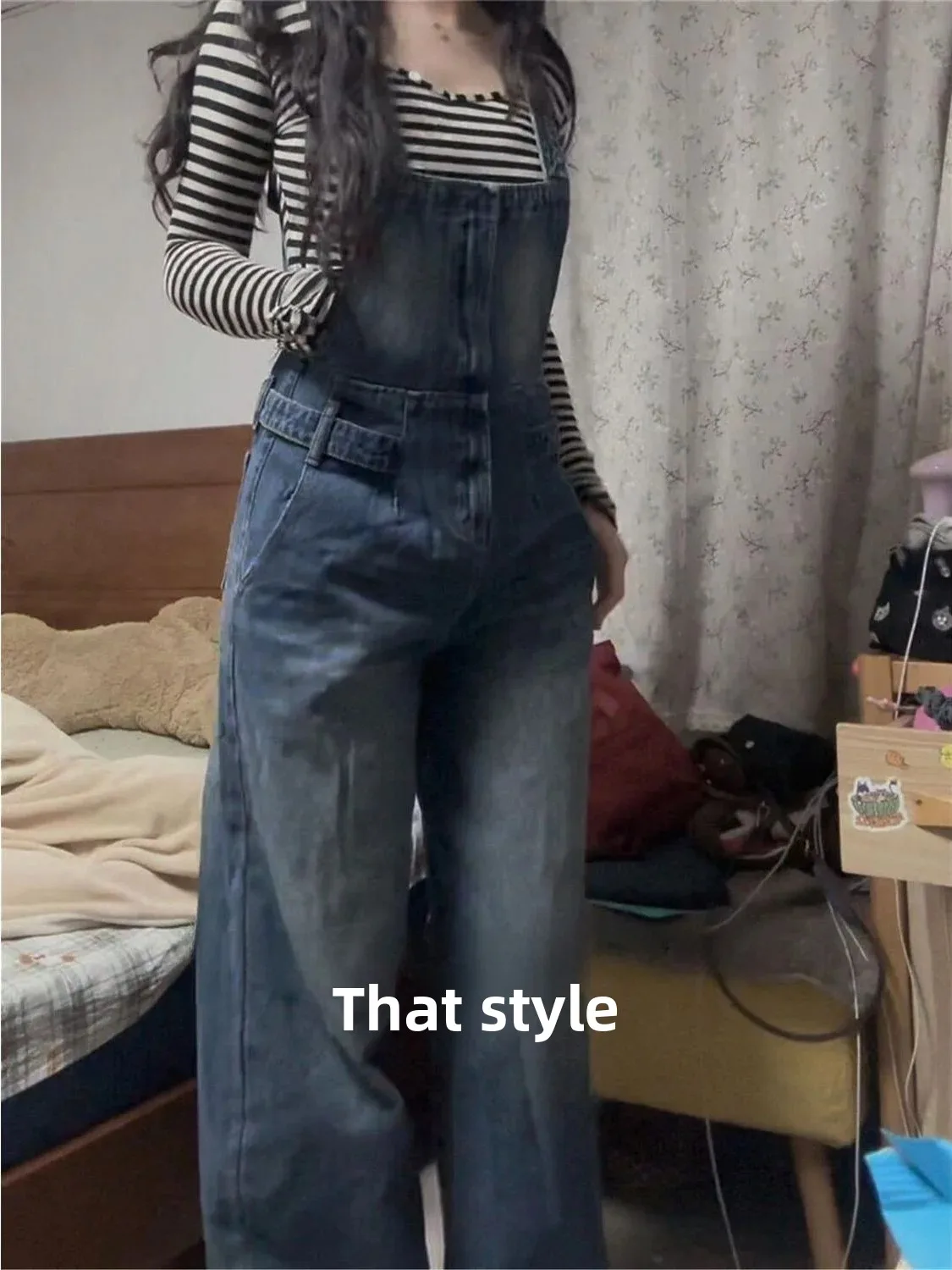 Retro American Blue Denim Overalls Women's Fall Pear Body Type Thick Legs Wide Hip Versatile Wide Leg Jumpsuit Pants