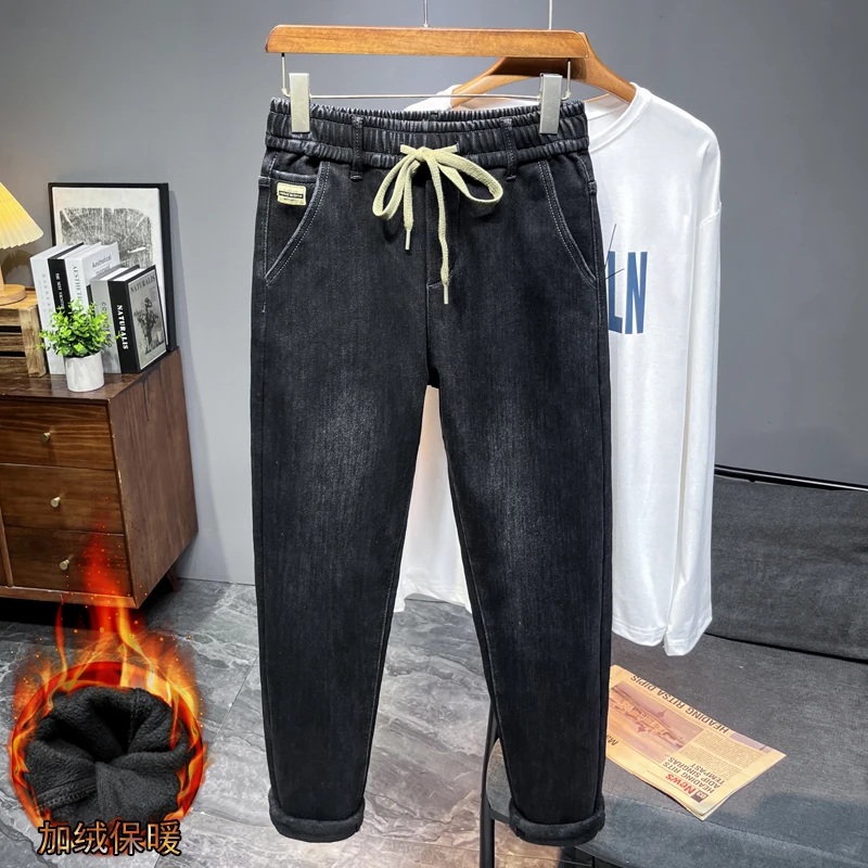 Winter New Black Fleece Jeans Trendy Brand Ins Loose Casual Thickened Warm Denim Trousers Fashionable And Versatile Men\'s Pants