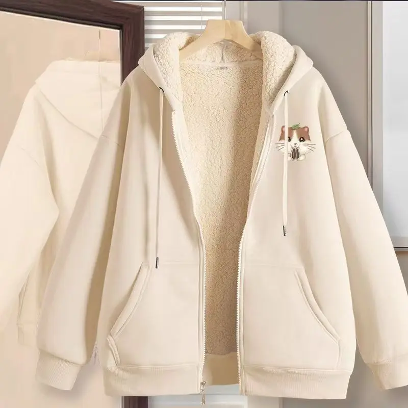 Brown Cardigan Cashmere Sweater 2024 Autumn And Winter New Fashion Explosions Plus Velvet Padded Coat Loose Hooded Cotton Jacket