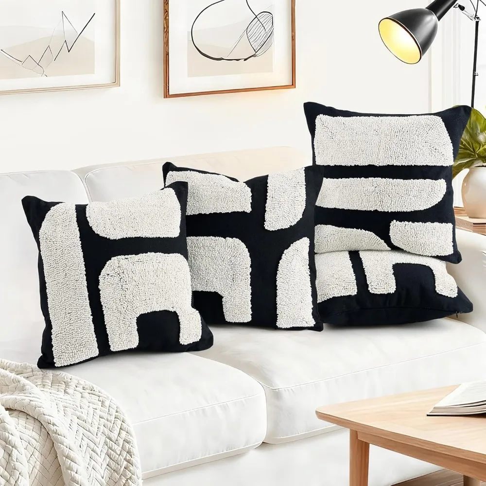 Schwarz-weiße Kissenbezüge im böhmischen Stil, 4er-Set, 45,7 x 45,7 cm, abstraktes geometrisches quadratisches Design, klobige getuftete Pille