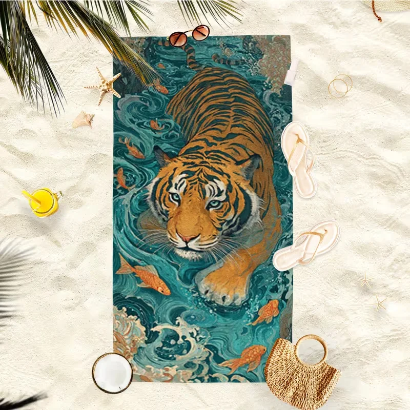 Tiger Koi Fish Print Beach Towel Illustrative Quick Dry Soft Absorbent Sand Free Towel for Summer Beach Pool Gym Travel