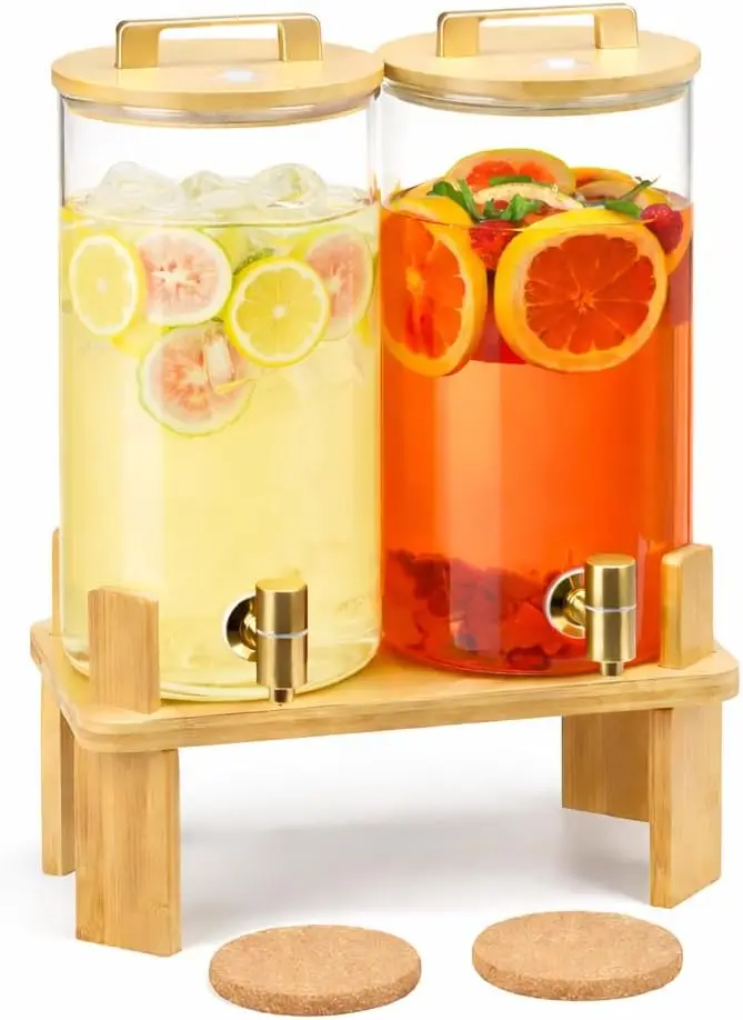 1.5 Gallon 2PCS Glass Drink Dispenser for Parties,Beverage Dispenser with Wooden Stand, Lemonade Dispenser,Juice Containers & Wa