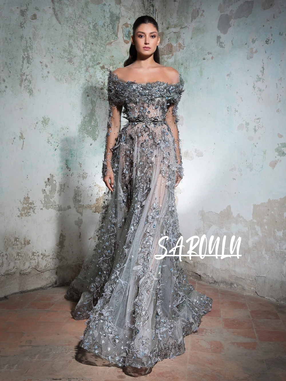 

High-end Grey Off Shoulder Floral Evening Dress Formal Party Maxi Corset Customized Galas Wear Delicate Fairytale Wedding Gown