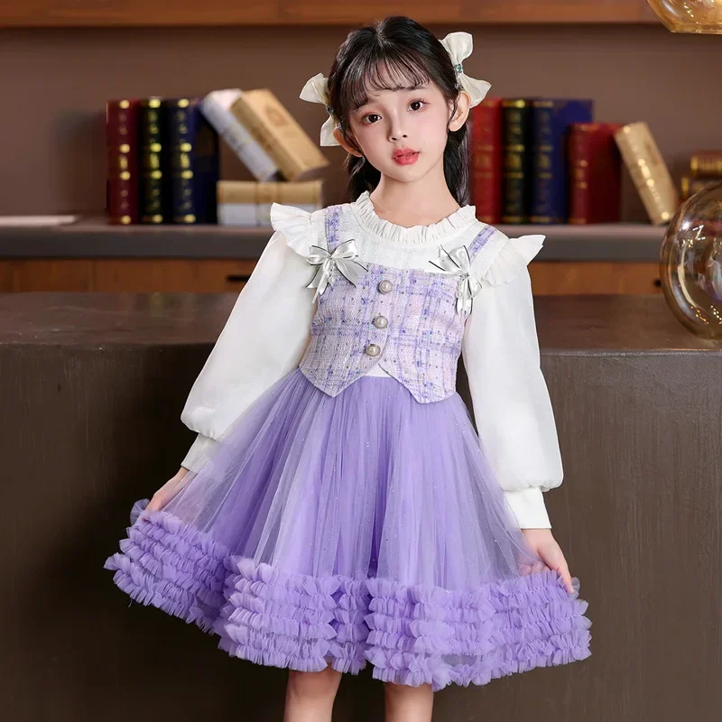 Girl Winter 2025 New Pink Casual Dress Birthday Party Dresses for Girls Purple Fluffy Dress 2-10 Years Spring Sweater Clothes