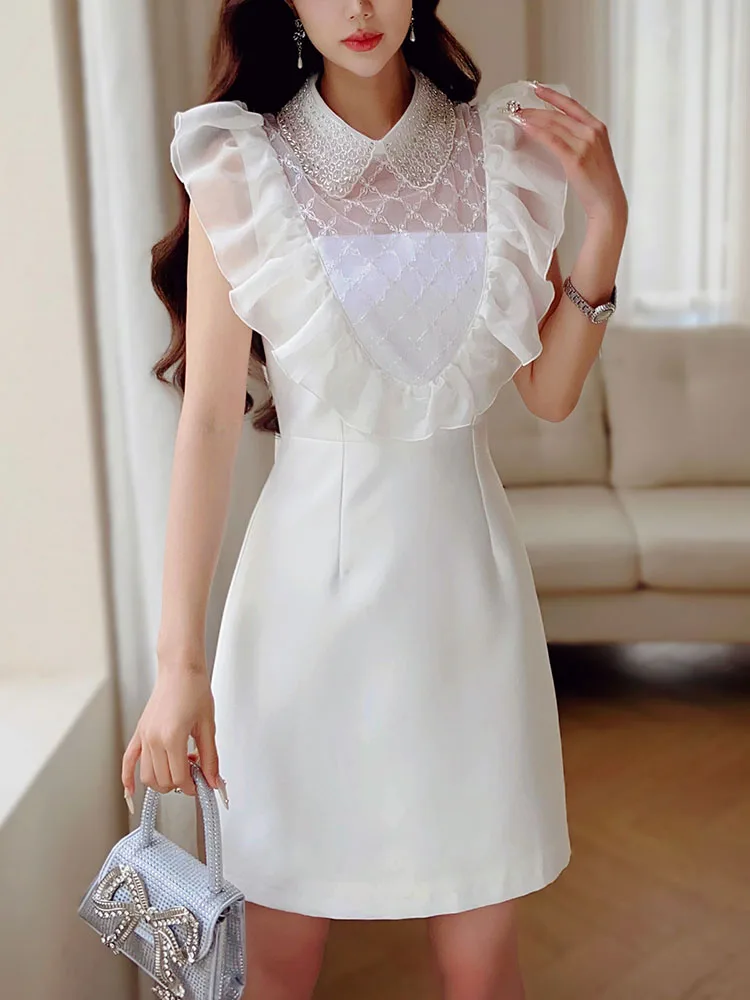 DABUWAWA Tienda Vestidos Elegantes Para Mujeres Mesh Embroidered Flares Spliced Dress Flying Sleeve Empire Skirt Y2K DA1BDR120