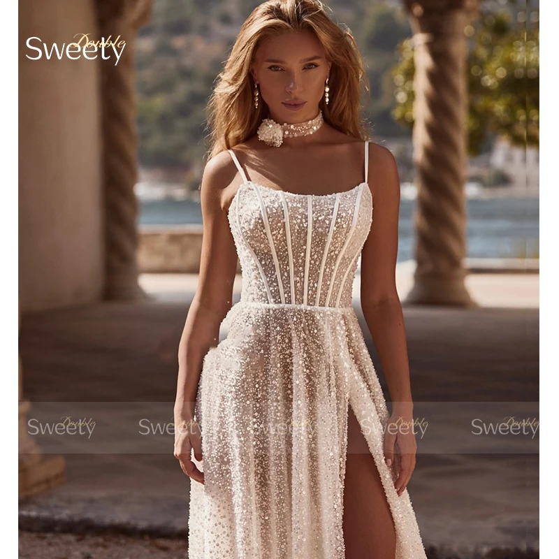 Glitter Wedding Dress Bead With Lace Slit A Line Ballgown Beach Sleeveless Square Collar Customized Bridedress Vestido De Novia