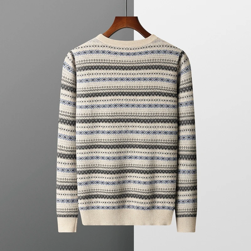 New retro jacquard knitted cashmere sweater in autumn and winter 100% merino wool men's round neck padded sweater loose coat