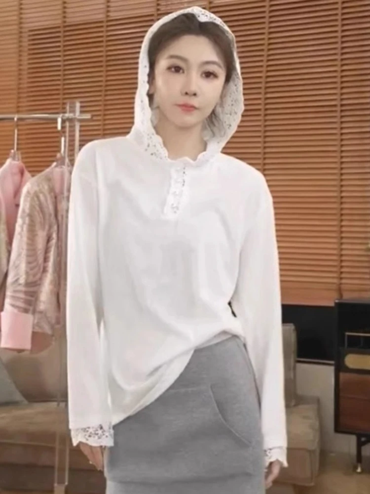 

Женская модная толстовка с длинным рукавом и кружевным капюшоном, вязаный топ, повседневный универсальный дизайн, весна-осень, антивозрастной эффект