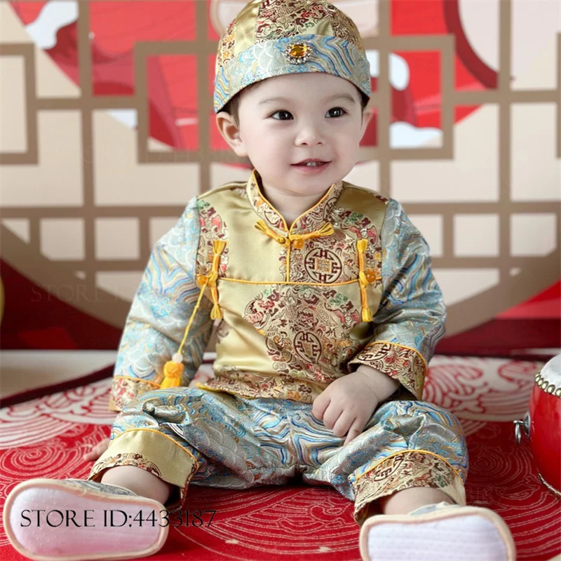 Babys One-Year-Old Costume Kids Chinese Traditional Tang Suit Hanfu Costume Satin Jacquard New Year's Clothing Performance Set