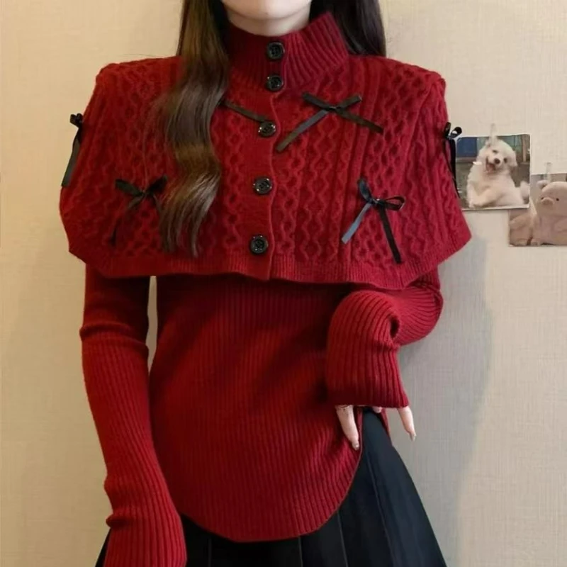 

Рождественский, Новый год, женский свитер с высоким воротником и красным бантом, осень/зима 2026, накидка, шаль в стиле пэчворк, искусственный вязаный топ из двух предметов