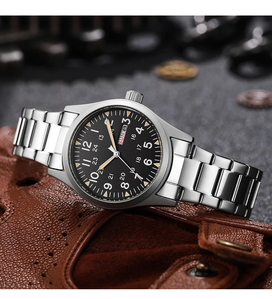 2026 Herren 38mm Leuchtende Zifferblatt-Uhr mit Tages- und Datumsanzeige, im Dunkeln leuchtend, grün, 30M wasserdicht, Felduhr mit Edelstahlarmband – Detail 17