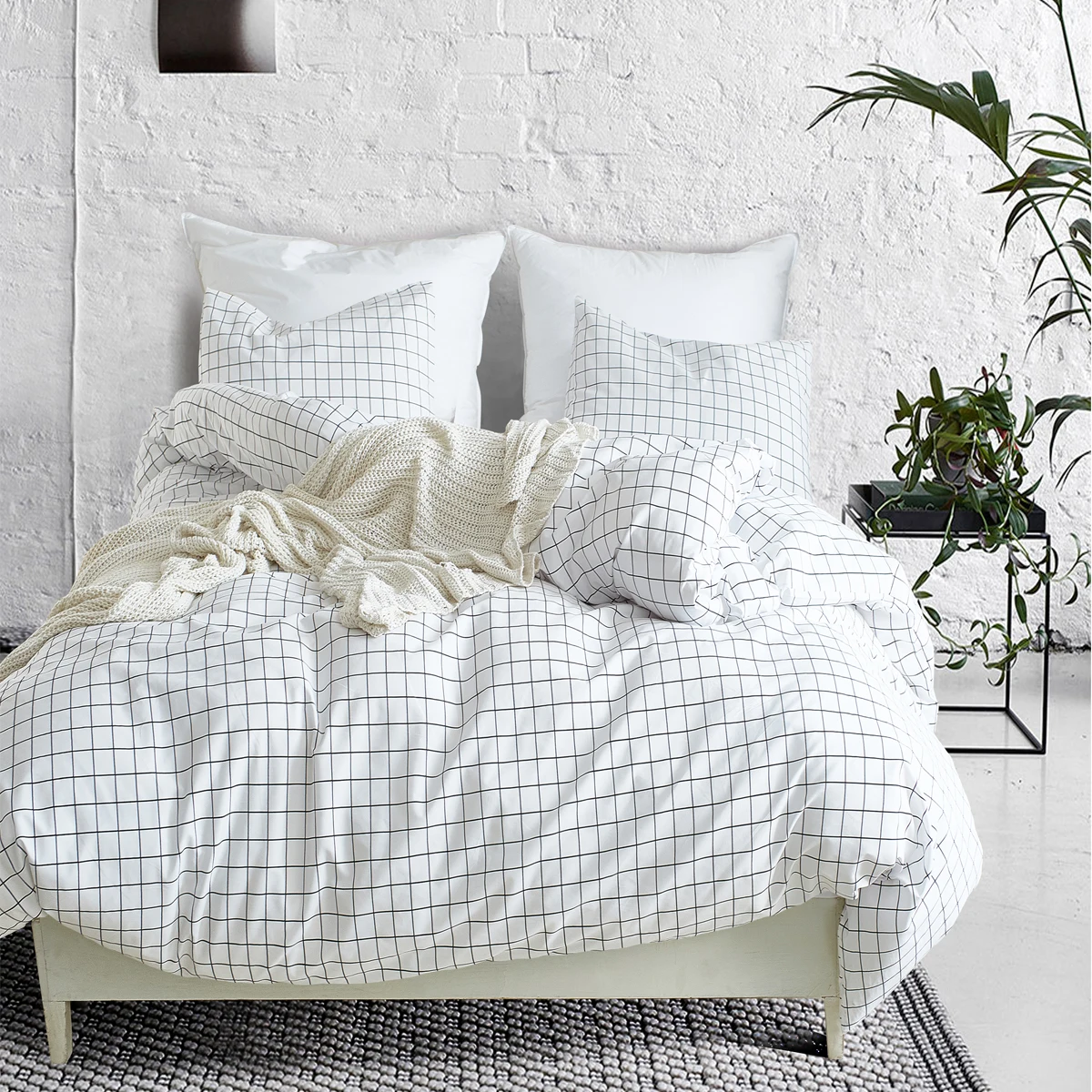 2 Pillowcases + 1 Duvet Cover, Polyester Fiber White Checkered Geometric Print Bedspread 3-Piece Set, Ultra-Soft and Comfortable Polyester Breathable Bedding Duvet Set, Suitable for Bedroom and Guesthouse Dormitory (Bedspread + Pillowcases, Without Quilt and Pillow Insert) Zipper Duvet Cover + Pocket Pillowcase