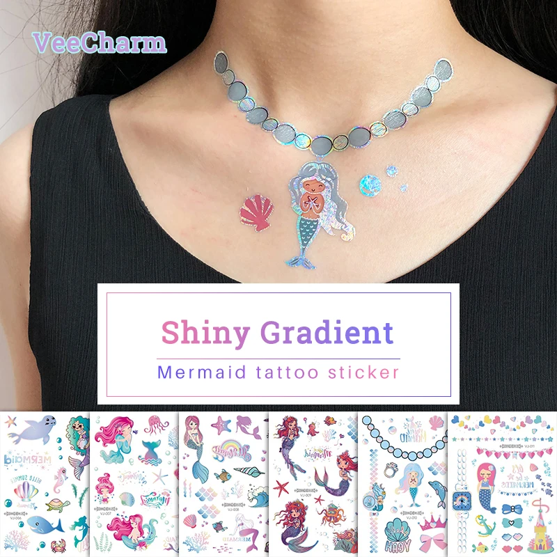 VeeCharm - Shiny Gradient Mermain Temporary Tattoo Stickers, Laser Foil, Metallic, Glitter Designs for Kids & Women, 1/12 Sheet