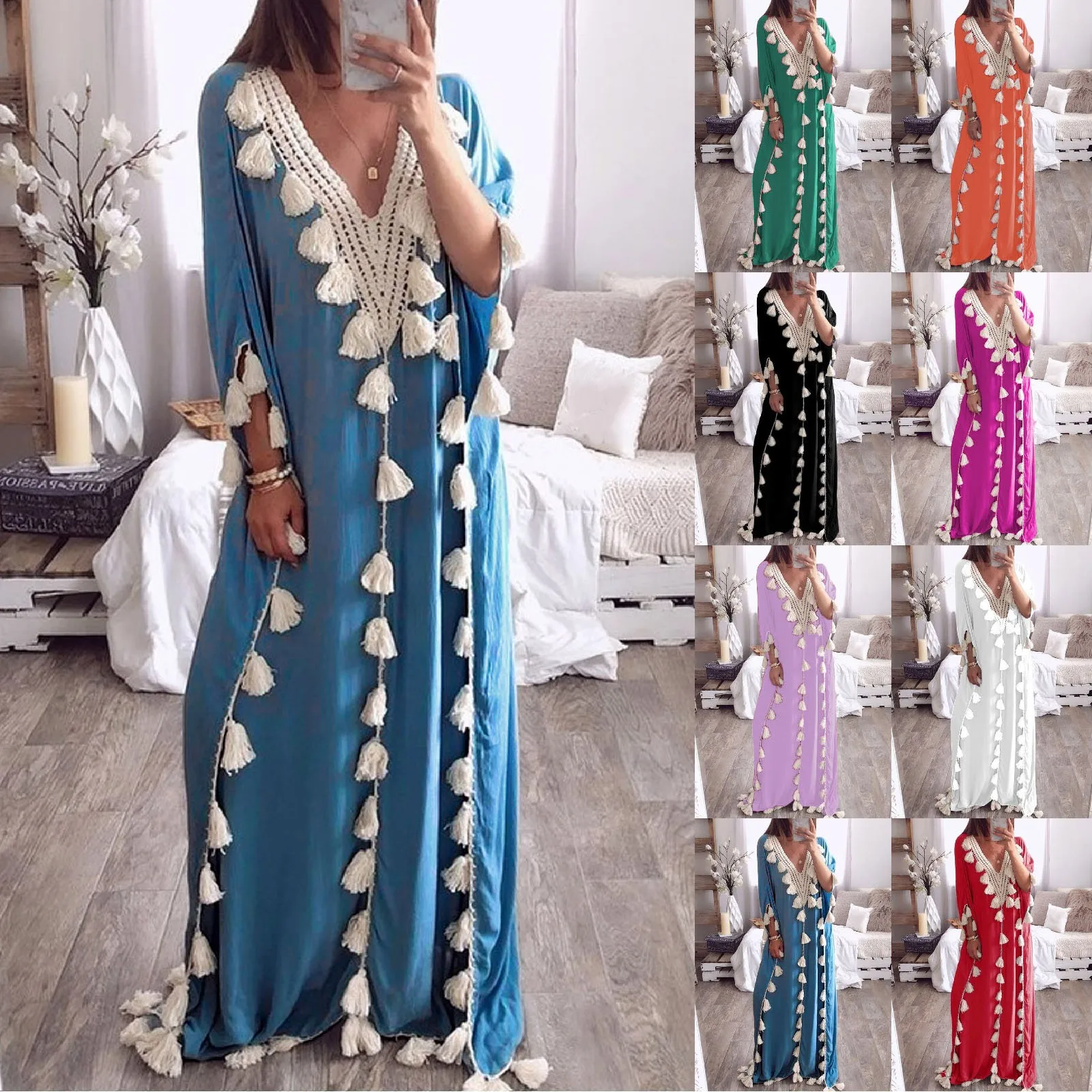 Tassel Ruffer Long Dress Women Elegants Caual Loose Short Sleeve Beach Dress Spring Summer Spring Muslim Moroccan Kaftan Dress