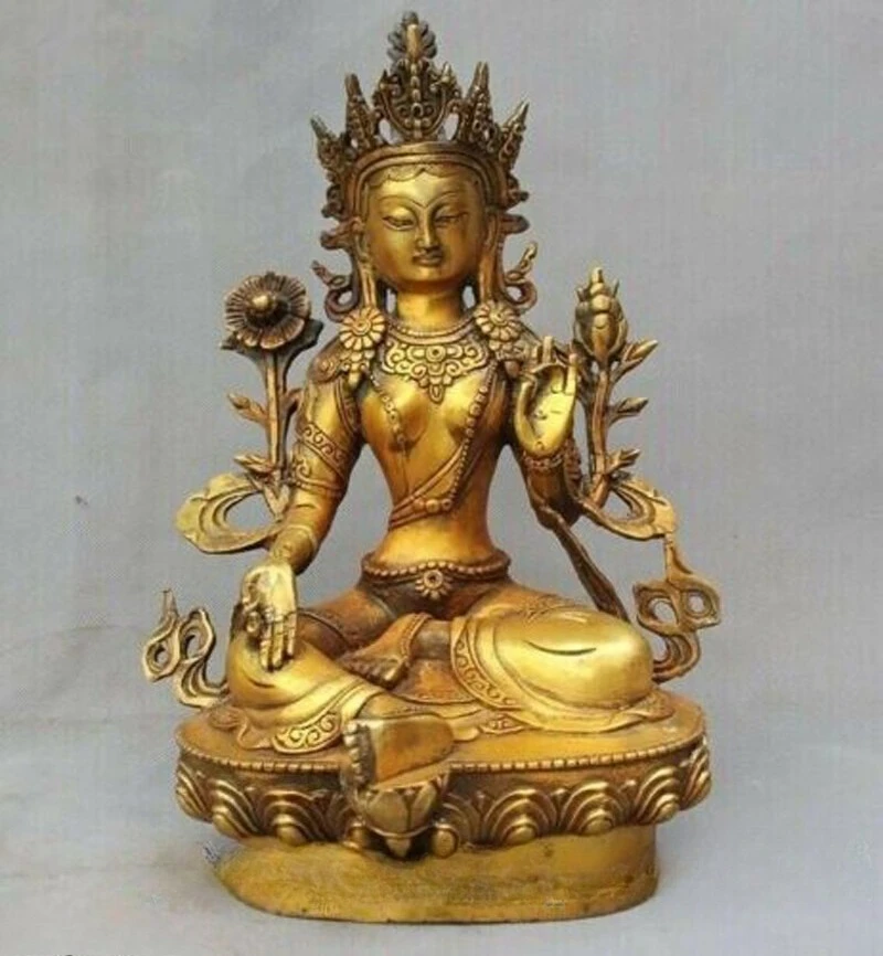 

old Tibet gilt Bronze green tara GuanYin Bodhisattva Buddha statue Sakyamuni