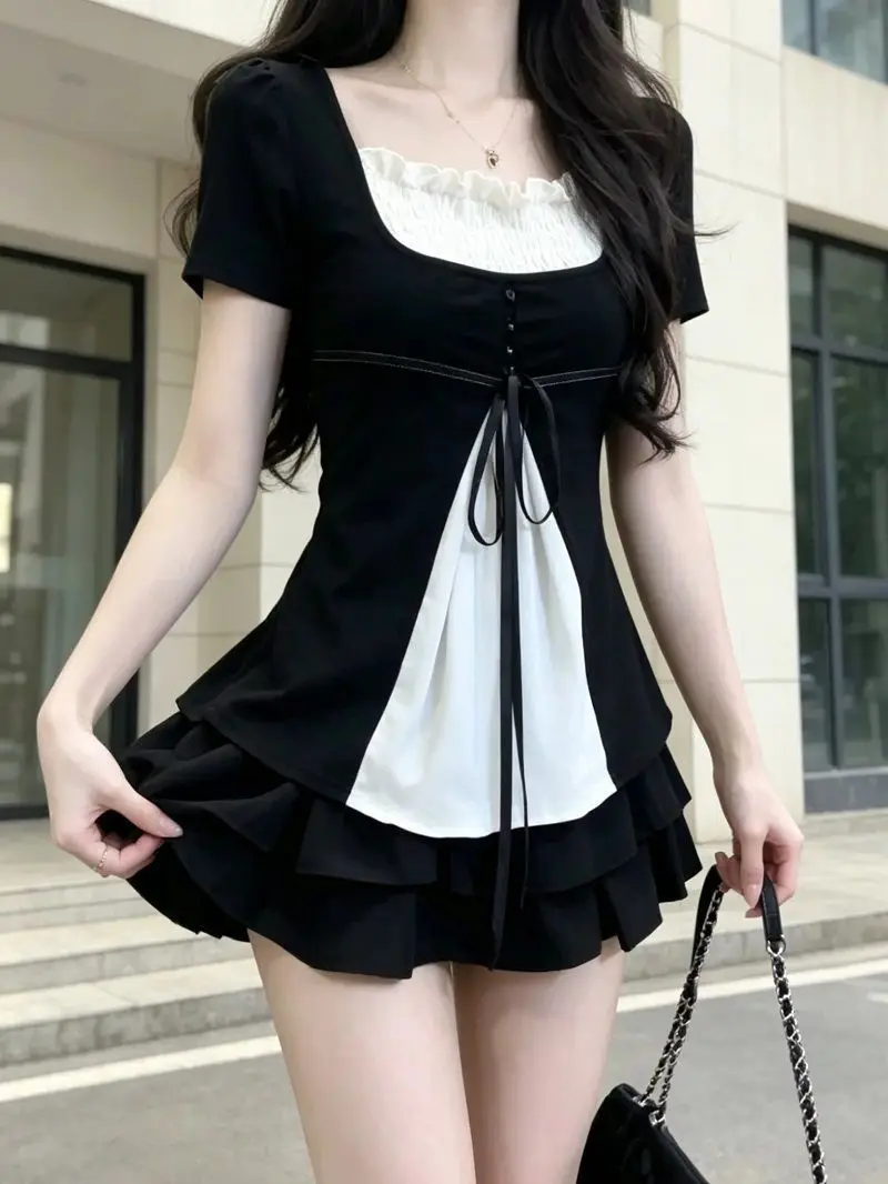 Slim Fit Short Sleeve T-Shirt Women's Summer Vintage Feel Cute Color Block Top Outerwear Square Collar Plain Color Other Mate...