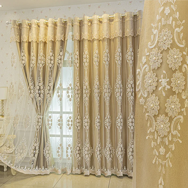 1 Panel 132cm Width European Double Layer Curtain with Valance for Living Room Bedroom Embroidered Luxury Curtain