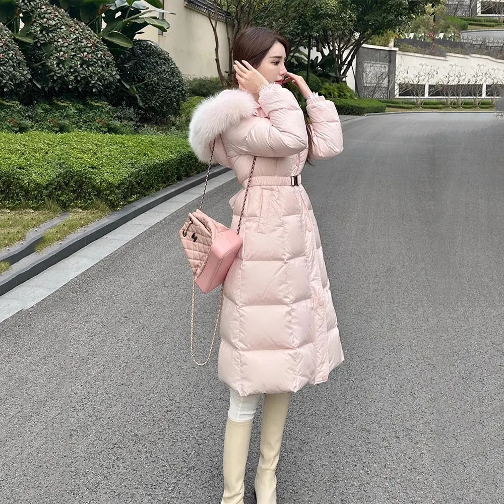 Faux Fur Down Jacket Women Pink Hooded Cotton Clothes Thicken Warm Trend Fashion Long Parkas Female Winter Padded Coat Outerwear