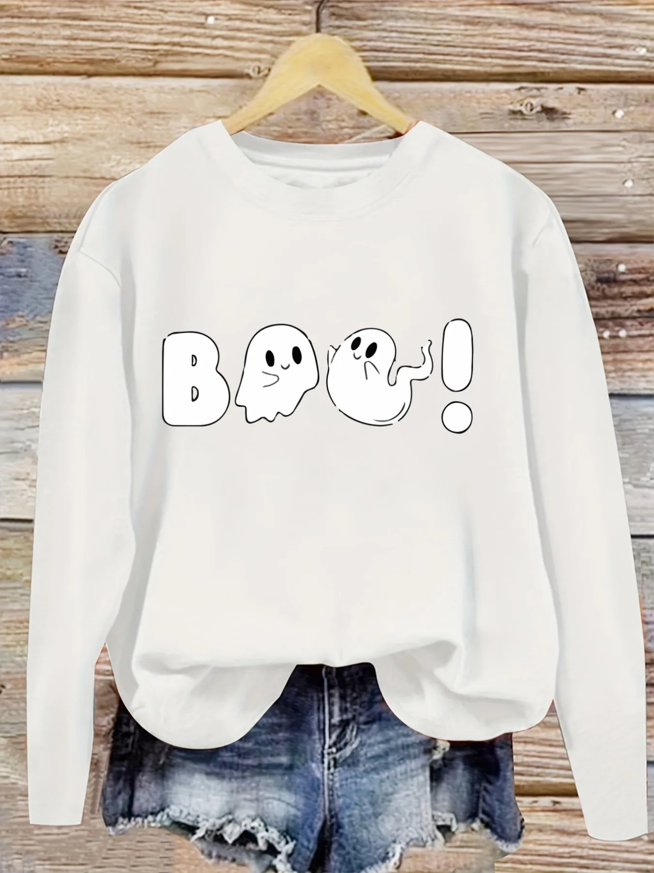 Women's Casual Long Sleeve Crew Neck T-Shirt Boo Ghosts Halloween Fun Print Design, Round Neck Women's Clothing, Machine Washable, Slightly Elastic, Loose Fit, Spring Autumn Winter Women's T-Shirt, Halloween Costume Outfit view 5