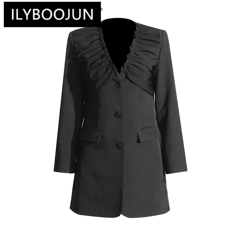 

ILYBOOJUN Solid Patchwork Folds Blazer For Women V Neck Long Sleeve Spliced Single Breasted Chic Blazers Female Fashion New