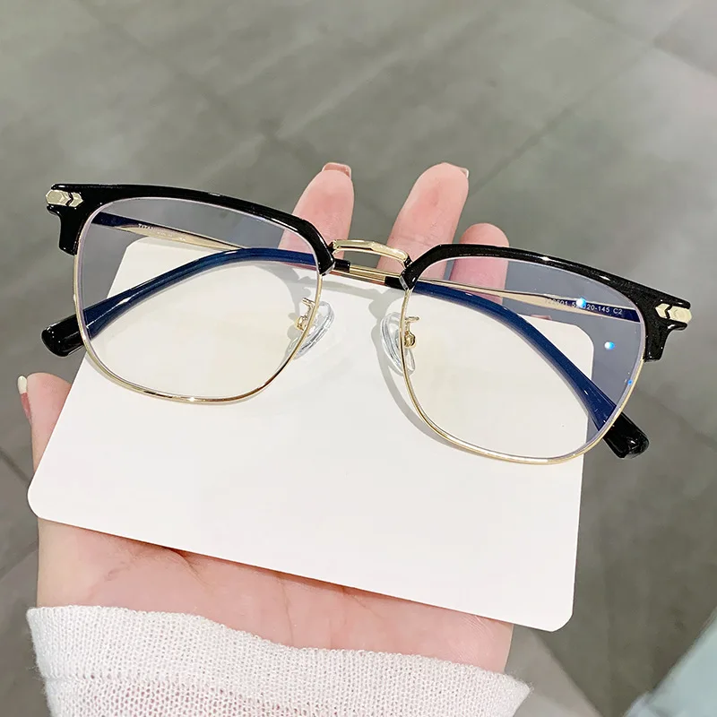 Retro-Halbrahmenbrille für Herren mit Augenbrauenrahmen, künstlerische Anti-Blaulicht-Flachgläser für Damen