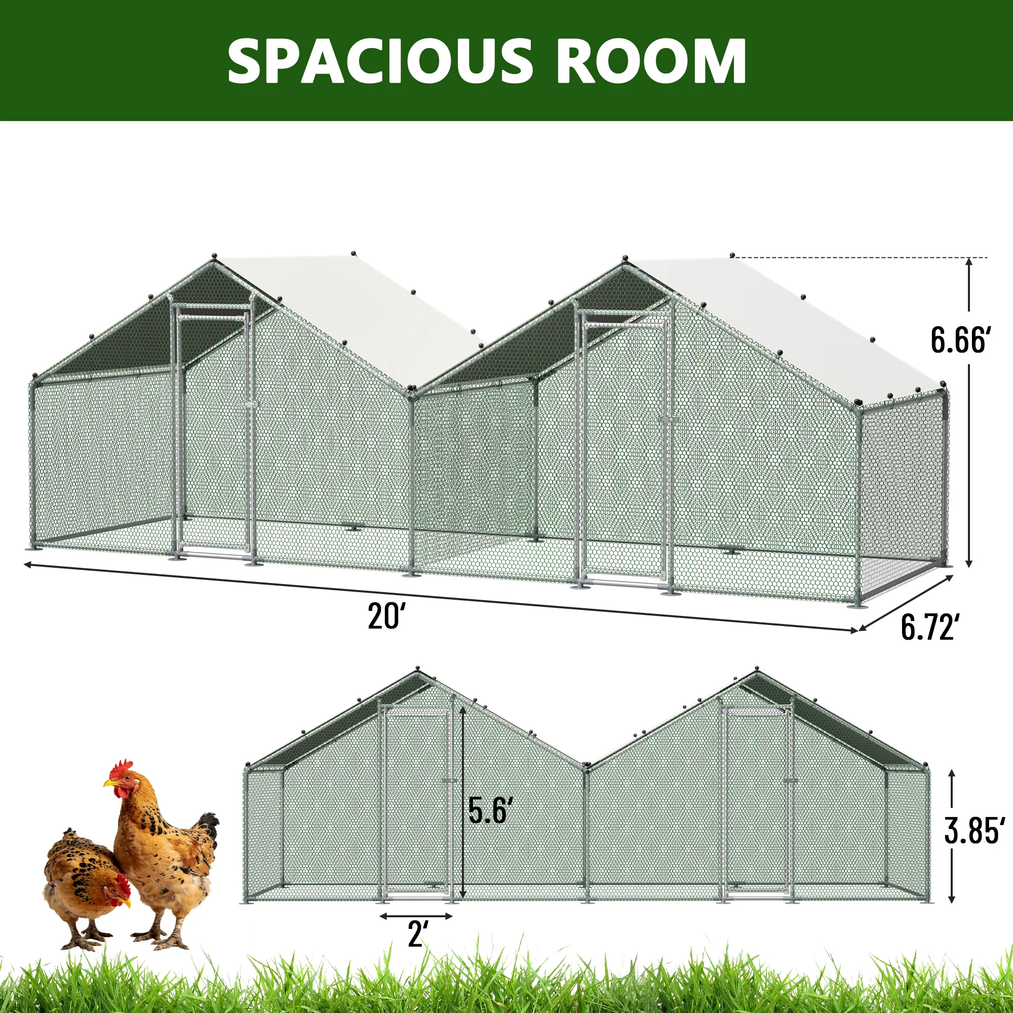20'×6.7'×6.7' Large Double Peak Walk-In Chicken Coop, Galvanized Steel Frame, Rain & Uv Resistant Canopy, Durable Outdoor Poultry Shelter For Backyard