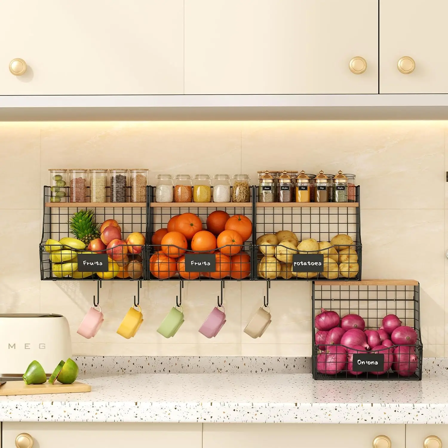 

Metal Wire Fruit Vegetable Storage Basket with Lid, Wall Mounted and Stackable Kitchen Organizer Set of 4