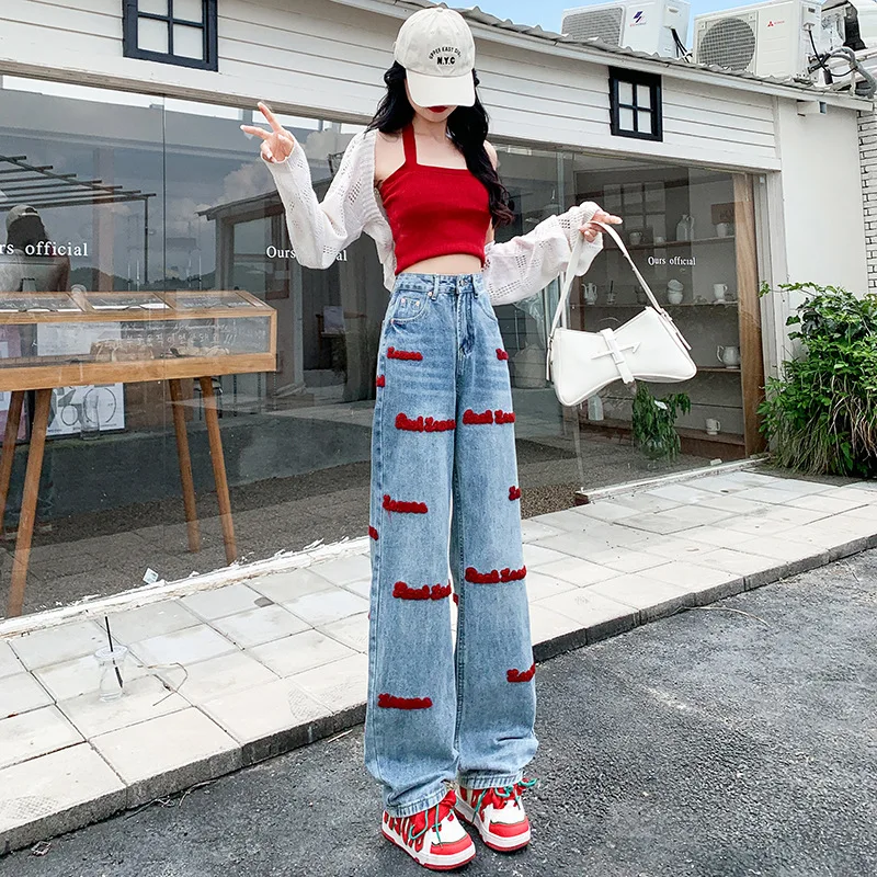 High quality long jeans for women wide leg letter embroidery cotton denim casual young ladies vintage trousers - blue black