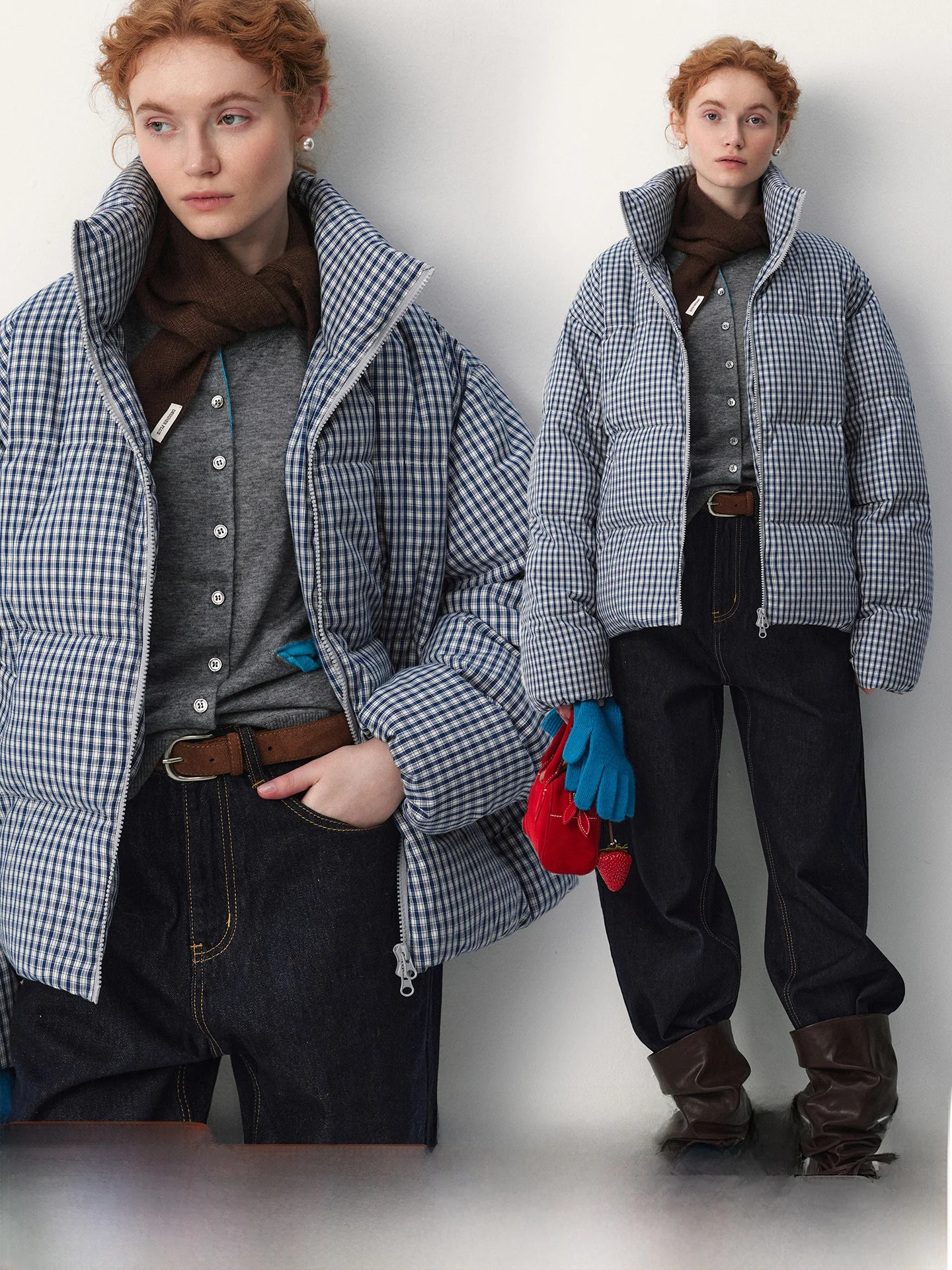 

Korean Sle plus Size Quilted Jaet Blue White Plaid Collar Thiened Windproof Long Sve Du down Puffer Coat for Women