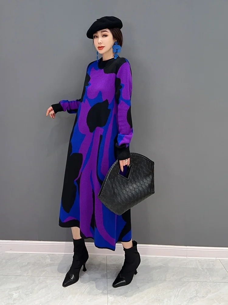 Purple 2024 Spring Autumn Round Neck Pullover Knitting Dress Loose Mid-length Blocking Sweater Dress Women Purple Dress LHX3540