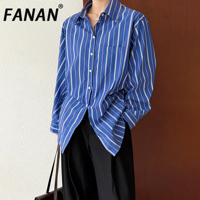 

FANAN Irregular Lace-up Gathered Waist Shirts For Women Lapel Single Breasted Striped Contrast Color Blouses 2025 Autumn New