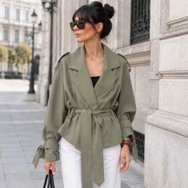 Women Winter Cropped Trench Coat, Notched Lapel Epaulet Jacket, Belted Long Sleeve Casual Loose Short Windbreaker Outerwear