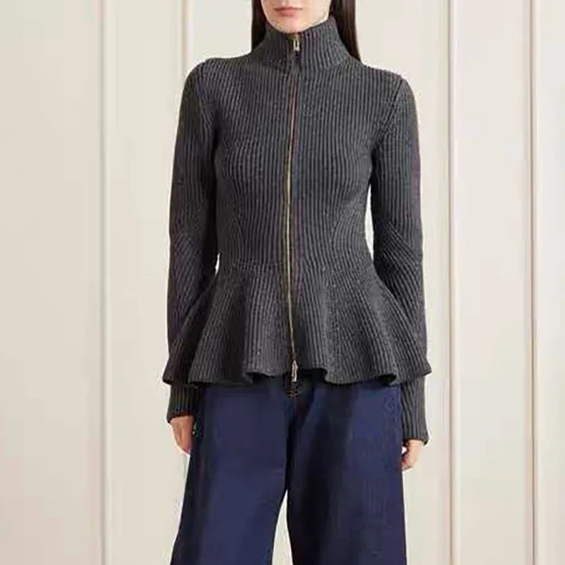 Half-neck zipper knitted cardigan with vertical stripes, waist-cinching ruffled hem, women's slim-fitting stretch sweater