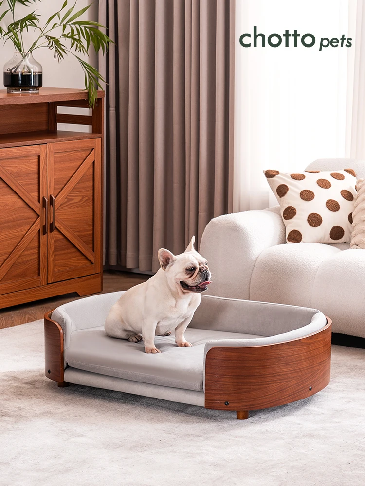 أريكة سرير خشبية فاخرة للحيوانات الأليفة مع وسادة قابلة للغسل للمنازل الحديثة #6