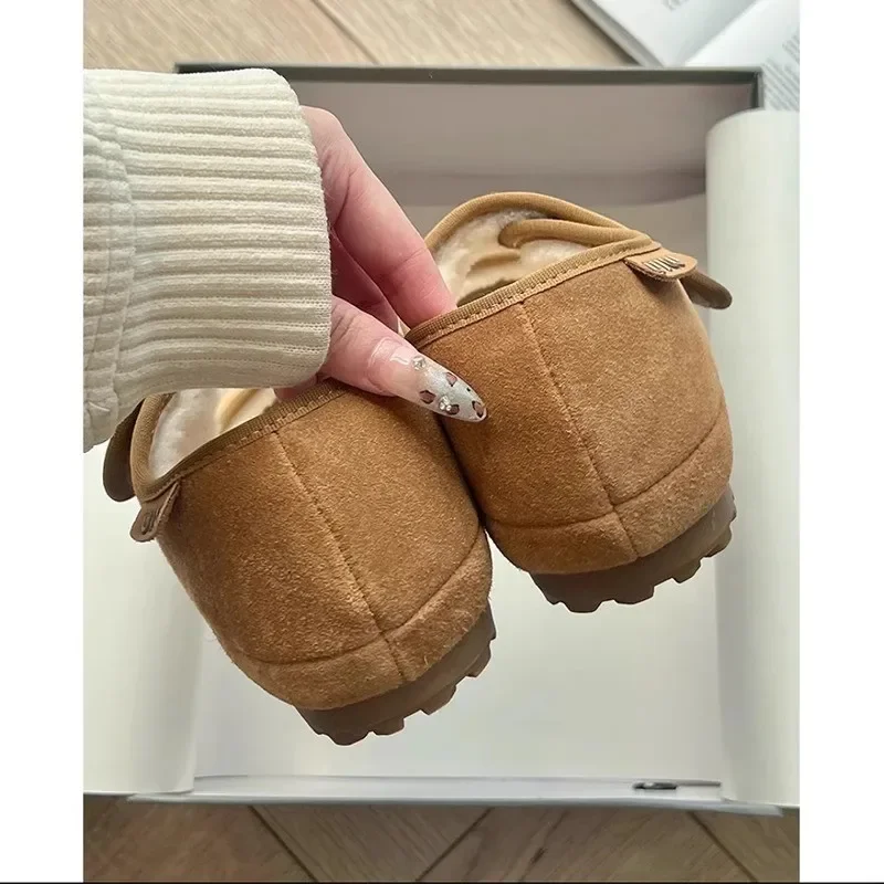 Thick Heel Mary Janes Women's Shoes Fleece Lined Casual Fur Slip-On Autumn Winter Rubber Sole round Toe Commuter Style Shoes