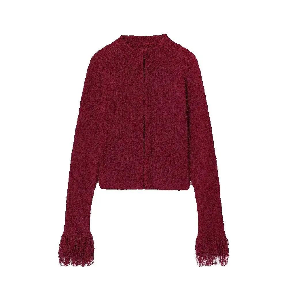 

Осенняя новая женская модная облегающая трикотажная куртка с кисточками и круглым вырезом с длинными рукавами