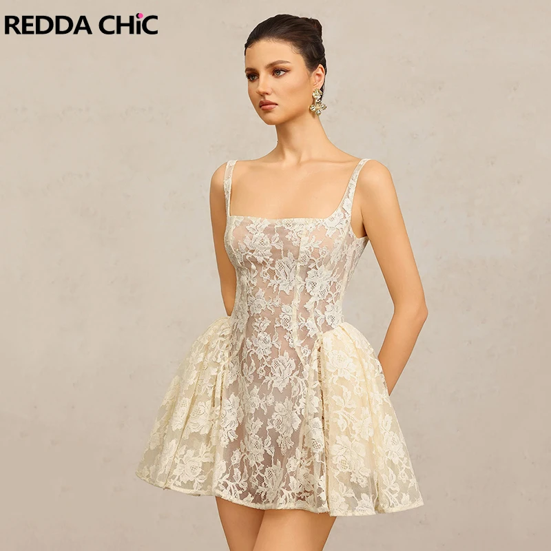 REDDACHiC Cream-white Floral Lace Summer Dress Retro Square Neck Silhouette Mini Tank Dress Party Wedding Guest Women One-piece